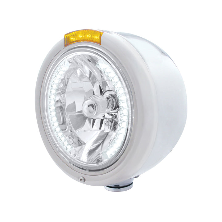 Stainless Steel Classic Half Moon Headlight H4 With White LED &amp; Signal - Amber Lens