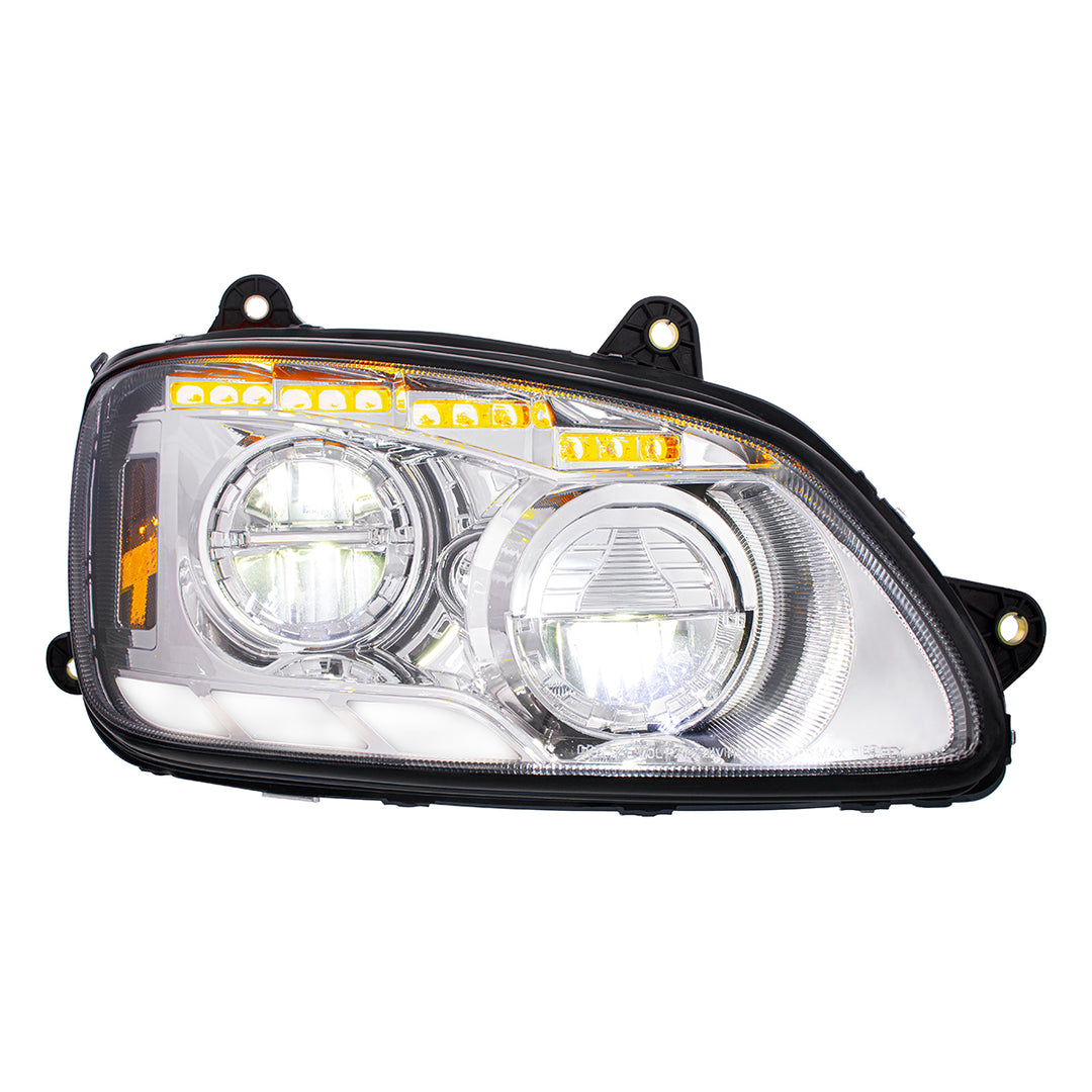 Chrome LED Headlight With Sequential Turn Signal &amp; Position Light Bars For 2008-17 Kenworth T660 - Passenger