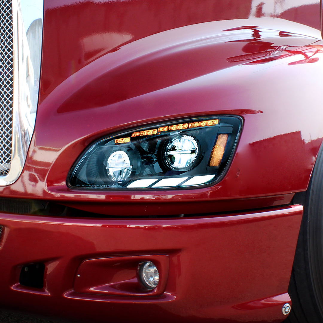 Black LED Headlight With Sequential Turn Signal &amp; Position Light Bars For 2008-17 Kenworth T660 - Driver
