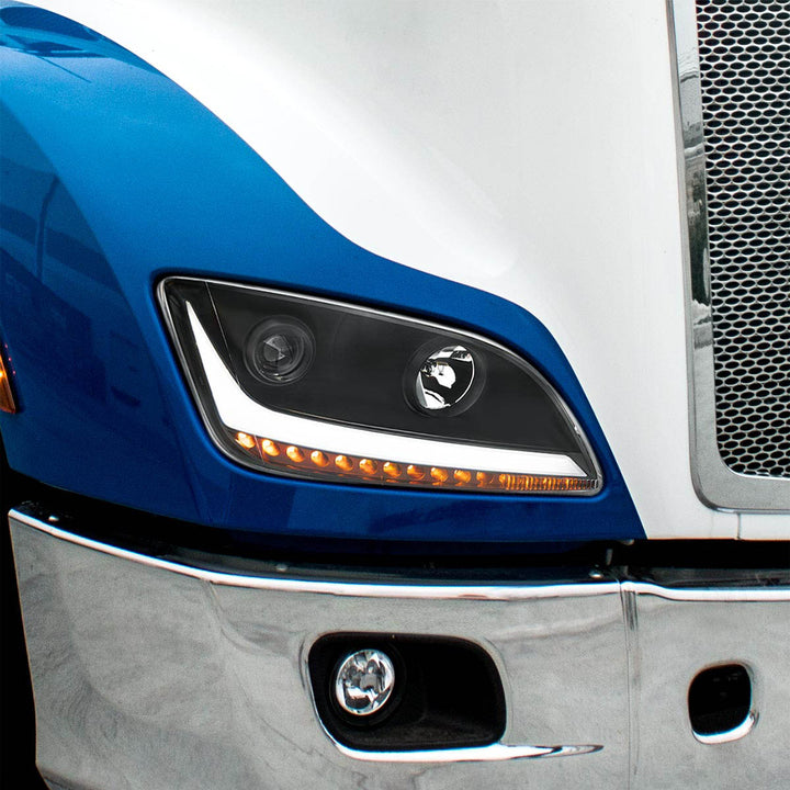 Black Projection Headlight With LED Position &amp; Sequential Signal For 2012-2021 Peterbilt 579 - Passenger