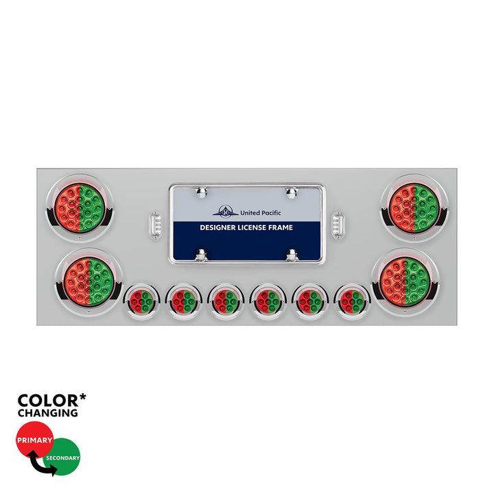 Stainless Steel Rear Center Panel With 4 x 19 LED 4" &amp; 6 x 7 LED 2" Double Fury Lights &amp; Visors - Red &amp; Green LED