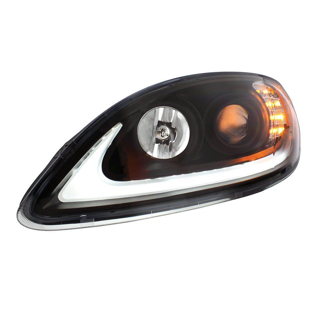 Black Projection Headlight With LED Turn Signal &amp; Light Bar For 2006-2017 International Prostar - Driver