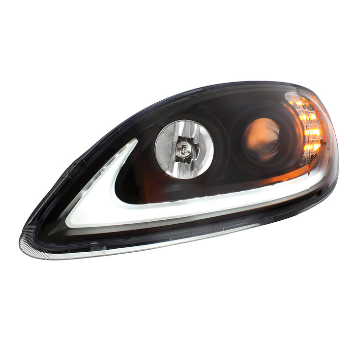 Black Projection Headlight With LED Turn Signal &amp; Light Bar For 2006-2017 International Prostar - Driver