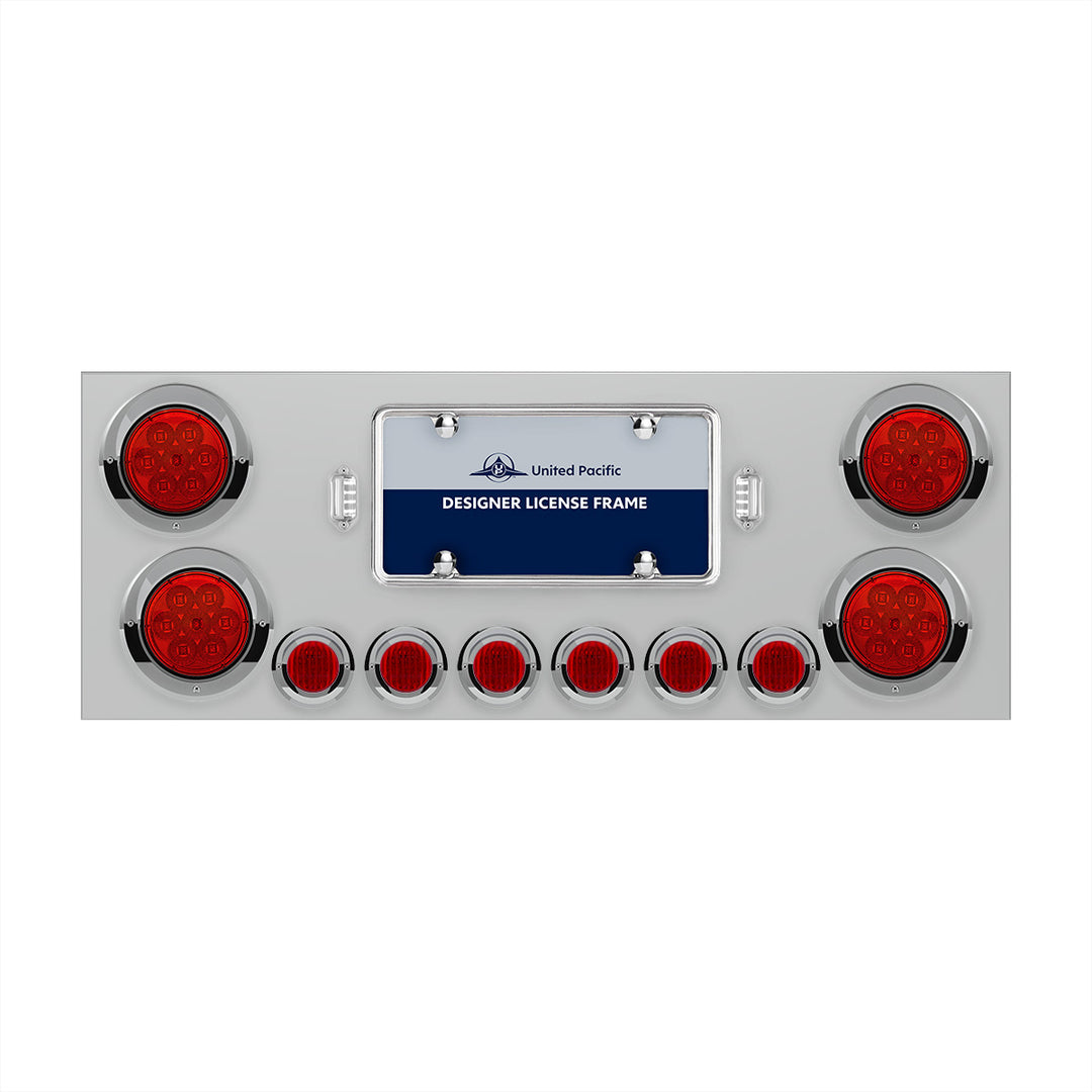 Stainless Steel Rear Center Panel With 4 x 7 LED 4" Reflector Lights &amp; 6 x 9 LED 2" Lights &amp; Visors - Red LED &amp; Lens