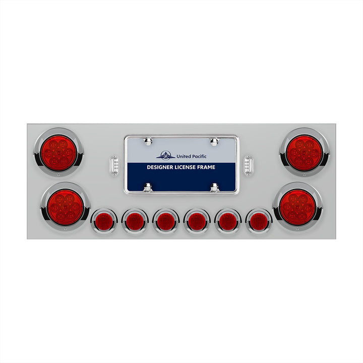 Stainless Steel Rear Center Panel With 4 x 7 LED 4" Reflector Lights &amp; 6 x 9 LED 2" Lights &amp; Visors - Red LED &amp; Lens