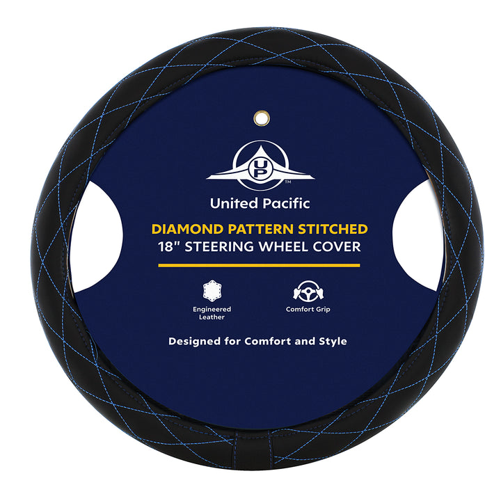 18" Crystal Stitched Leather Steering Wheel Cover - Blue Stitching