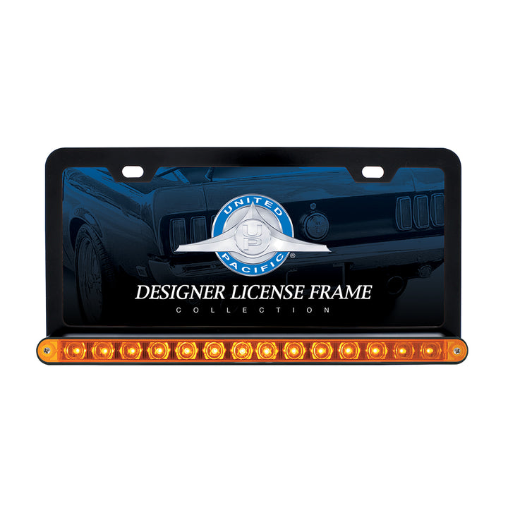 Black License Plate Frame With 14 LED 12" Light Bar - Amber LED/Amber Lens