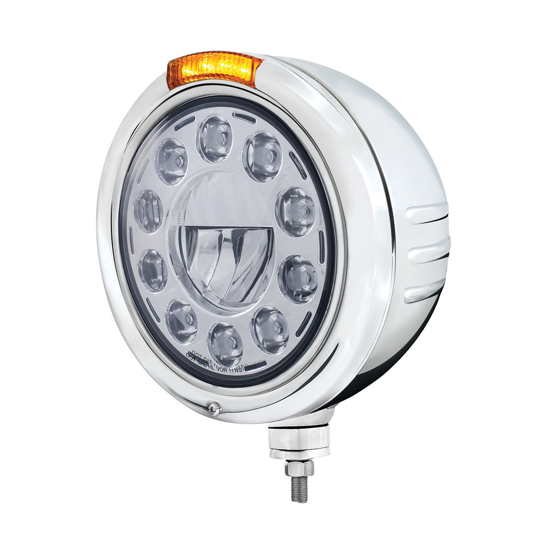 Stainless Steel Classic Embossed Stripe Headlight 11 LED Bulb &amp; Dual Mode LED Signal - Amber Lens