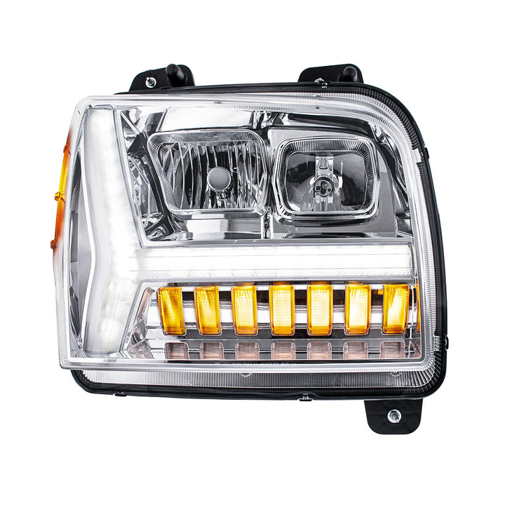 Chrome Headlight With LED DRL Light Bar &amp; Turn Signal For 2018-2024 Kenworth W990 - Passenger