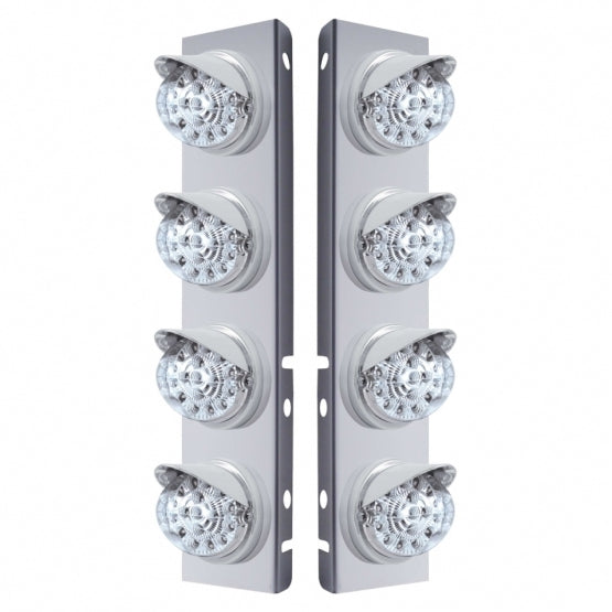Stainless Steel Front Air Cleaner Bracket With 8 x 17 Amber LED Dual Function Reflector Lights &amp; Visors For Peterbilt - Clear Lens