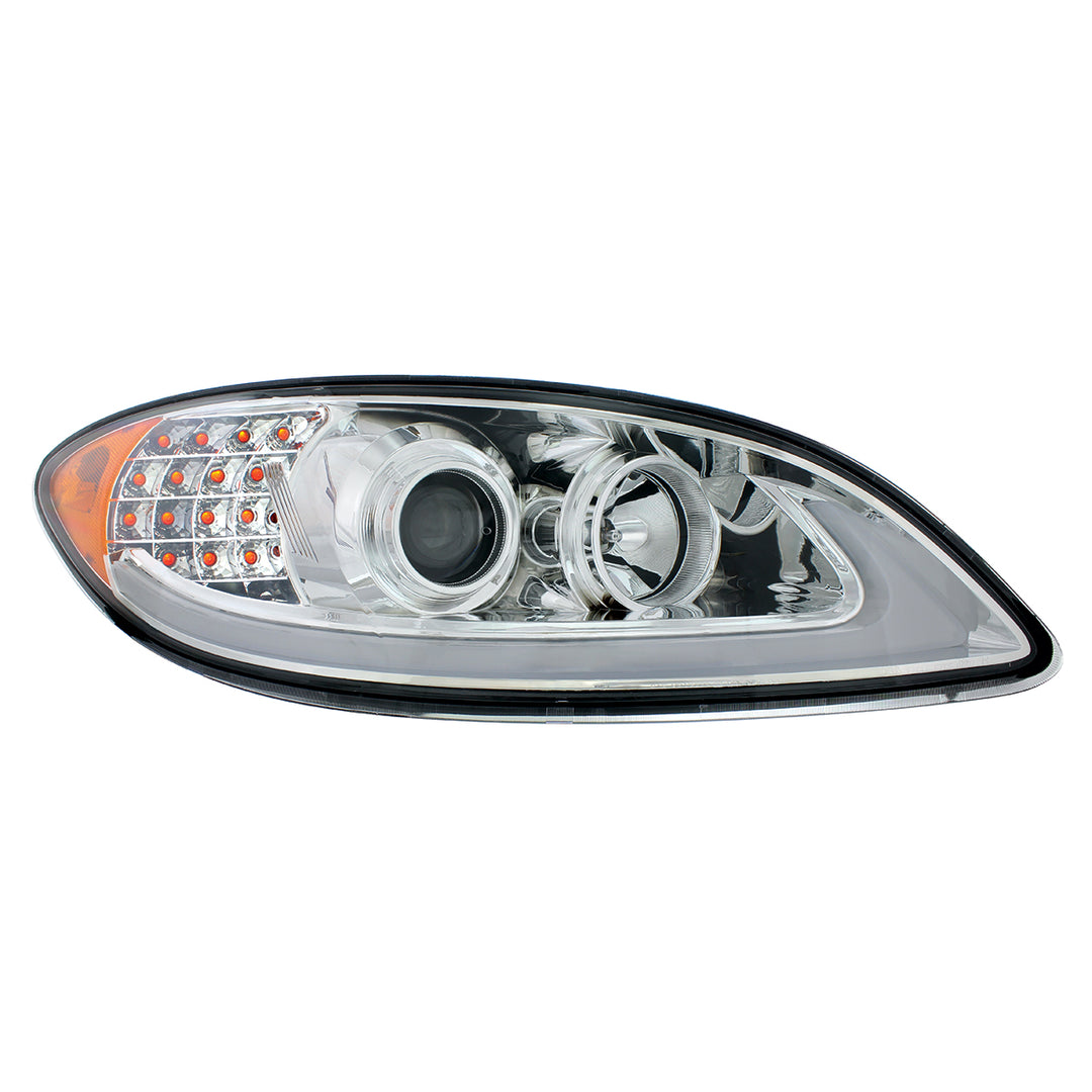 Chrome Projection Headlight With LED Turn Signal &amp; Light Bar For 2006-2017 International Prostar - Passenger