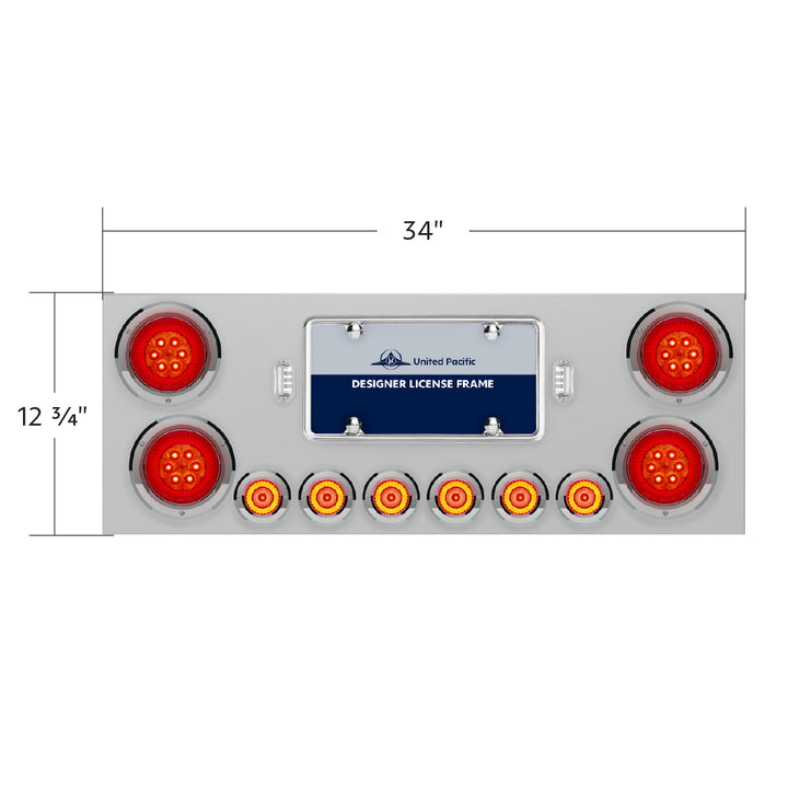 Stainless Steel Rear Center Panel With Four 16 LED 4" Turbine Light &amp; Six 7 LED 2" Lights &amp; Bezels - Red LED/Red Lens