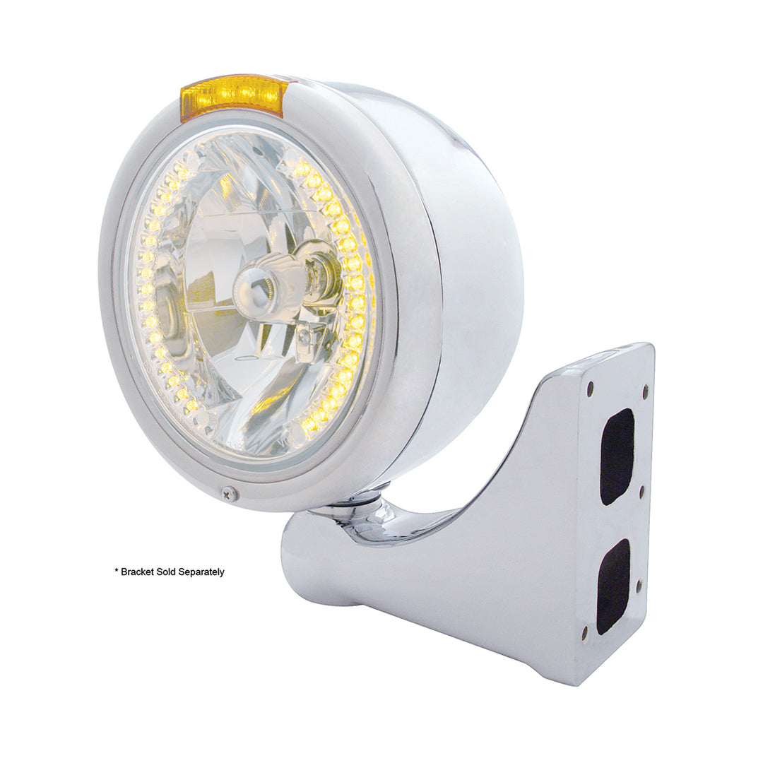 Stainless Steel Classic Half Moon Headlight H4 With Amber LED &amp; Signal - Amber Lens
