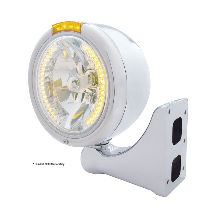 Stainless Steel Classic Half Moon Headlight H4 With Amber LED &amp; Signal - Amber Lens