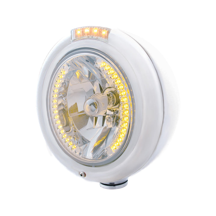 Stainless Steel Classic Headlight H4 With 34 Amber LED &amp; Dual Mode LED Signal - Clear Lens