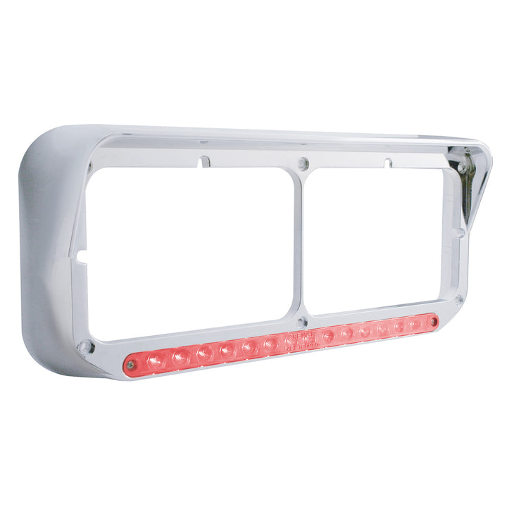 14 LED Chrome Rectangular Dual Headlight Bezel With Visor - Red LED/Clear Lens