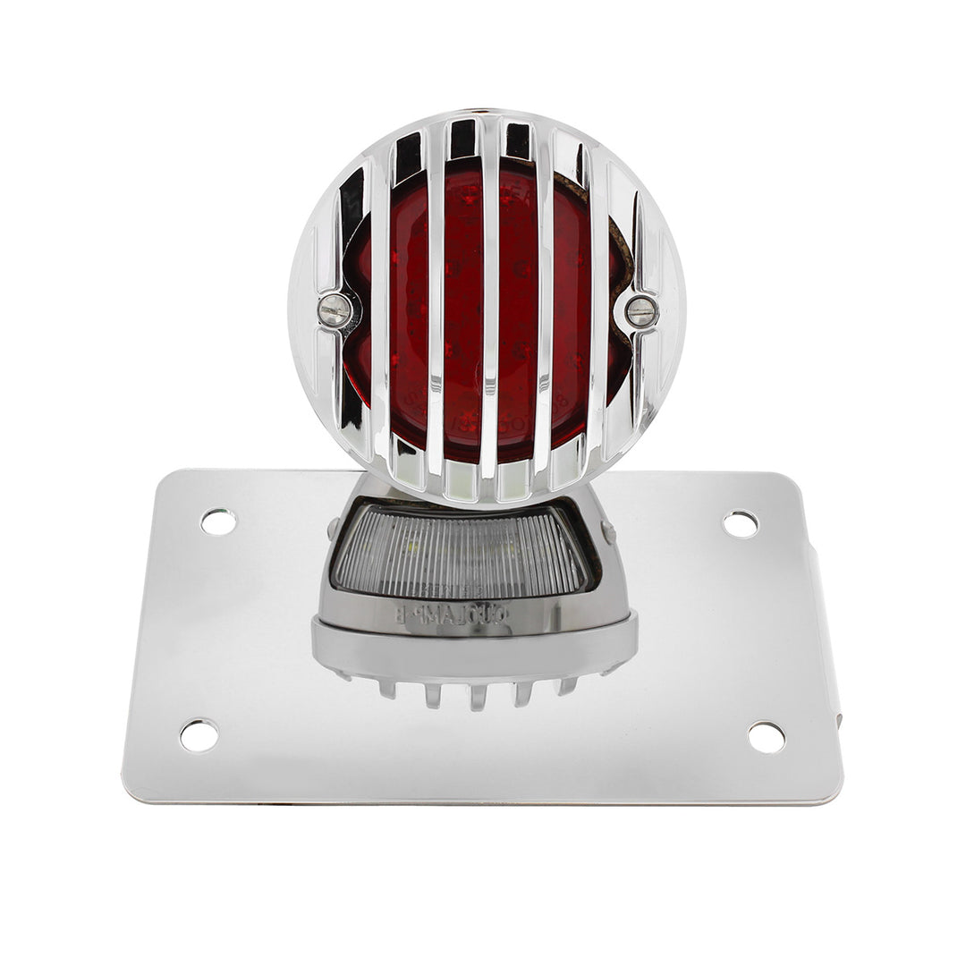 Motorcycle LED "Bobber" Style Horizontal Tail Light With Chrome Grille Bezel - Red Lens