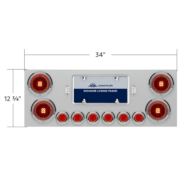 Stainless Steel Rear Center Panel With Four 13 LED 4" Abyss Light &amp; Six 4 LED 2" Lights &amp; Bezels - Red LED/Red Lens