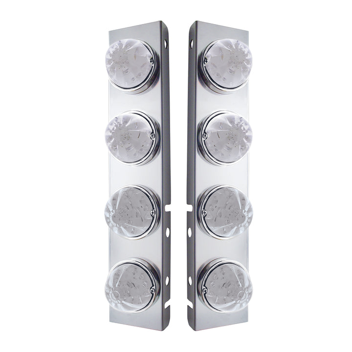 Stainless Steel Front Air Cleaner Bracket With 8 x 17 LED Watermelon Lights &amp; Stainless Steel Bezels For Peterbilt - Amber LED/Clear Lens (Pair)