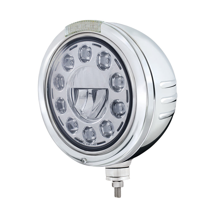 Stainless Steel Bullet Embossed Stripe Headlight 11 LED Bulb &amp; Dual Mode LED Signal - Clear Lens