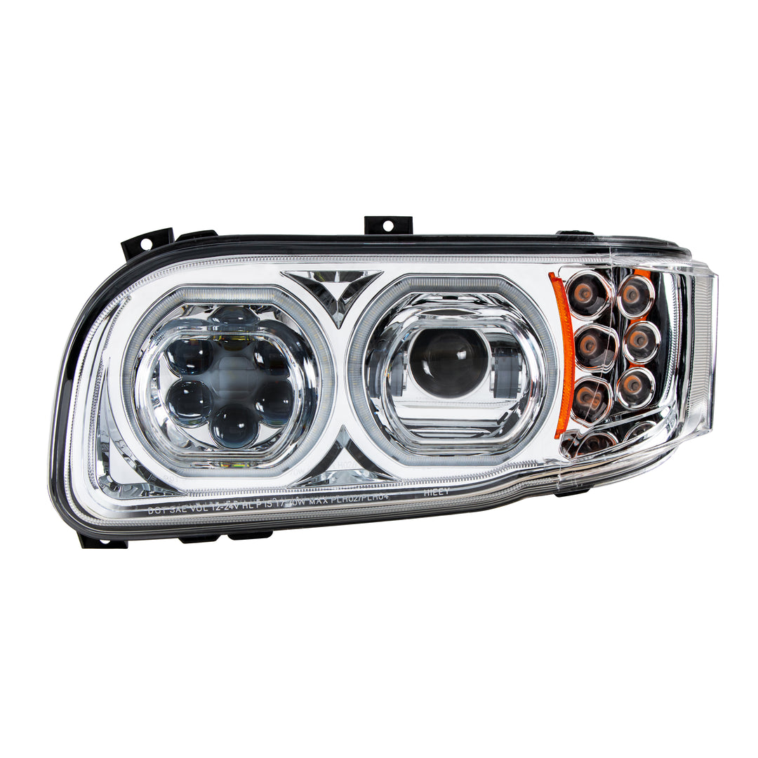 High Power 10 LED Chrome Headlight With 6 LED Turn &amp; 100 LED Halo For 2008-2024 Peterbilt 389 - Driver