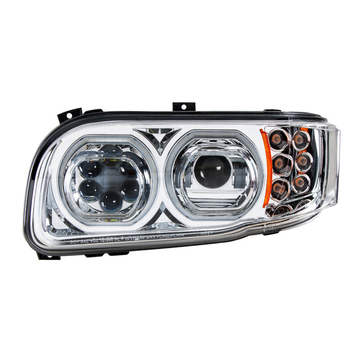High Power 10 LED Chrome Headlight With 6 LED Turn &amp; 100 LED Halo For 2008-2024 Peterbilt 389 - Driver