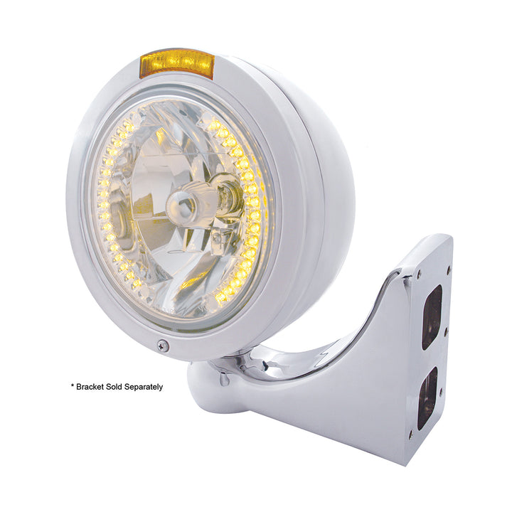 Stainless Steel Bullet Classic Headlight H4 With Amber LED &amp; Dual Mode LED Signal - Amber Lens
