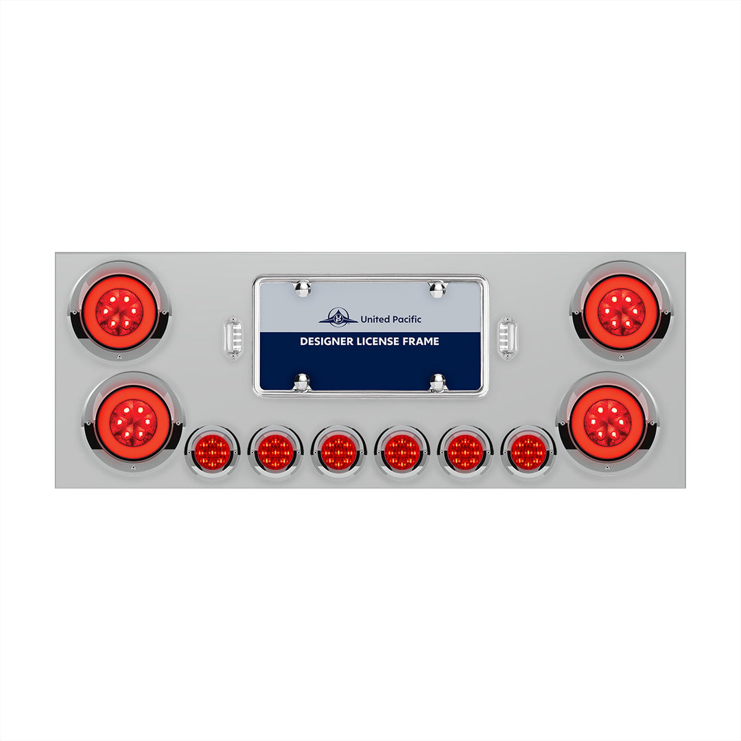 Stainless Steel Rear Center Panel With 4 x 21 LED 4" GloLight &amp; 6 x 9 LED 2" Lights &amp; Visors - Red LED &amp; Lens