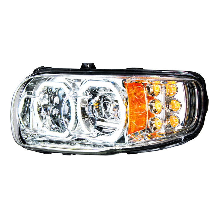High Power 10 LED Chrome Headlight With 6 LED Turn &amp; 100 LED Halo For 2008-2024 Peterbilt 389 - Driver
