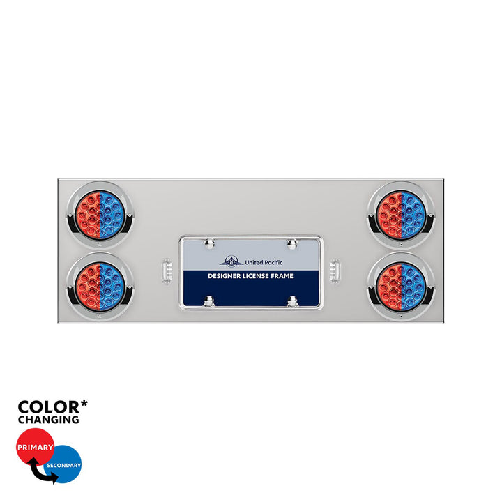 33-3/4" Stainless Steel Rear Center Panel With 4 x 19 LED 4" Double Fury Lights &amp; Visors - Red &amp; Blue LED