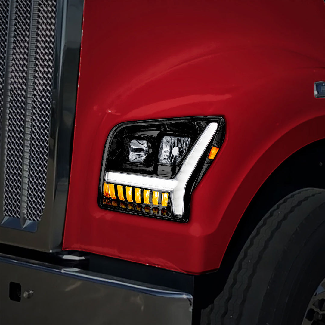 Blackout Headlight With LED DRL Light Bar &amp; Turn Signal For 2018-2024 Kenworth W990 - Driver