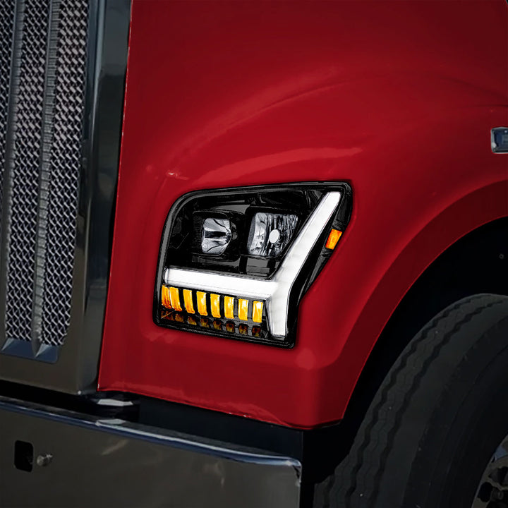 Blackout Headlight With LED DRL Light Bar &amp; Turn Signal For 2018-2024 Kenworth W990 - Driver