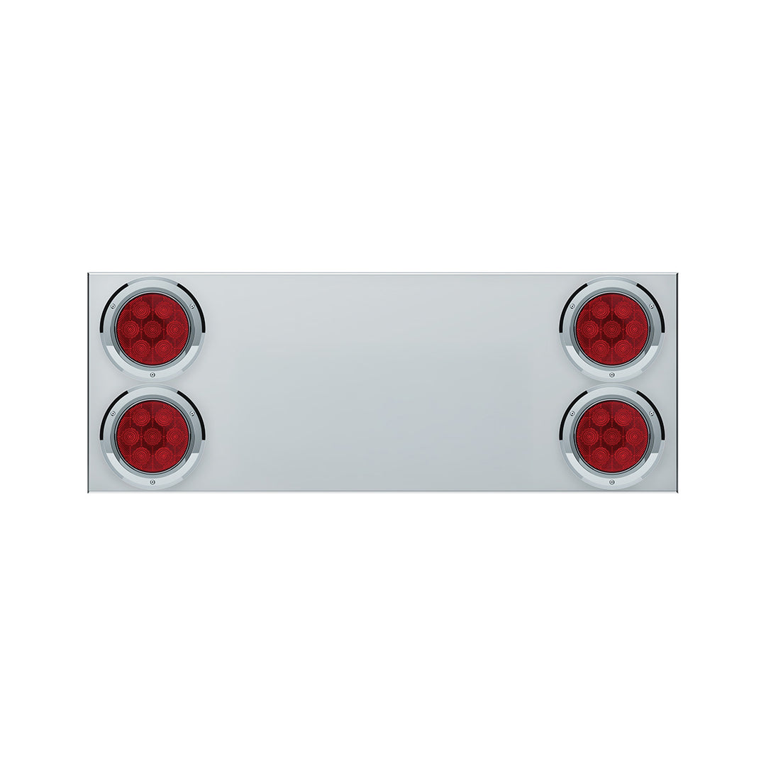 33-3/4" Stainless Rear Center Panel With Four 7 LED 4" Light &amp; Bezel (No LP Holes) - Red LED/Red Lens - CS