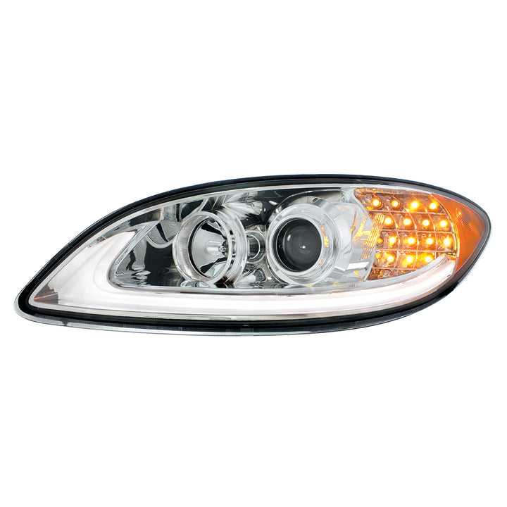 Chrome Projection Headlight With LED Turn Signal &amp; Light Bar For 2006-2017 International Prostar - Driver