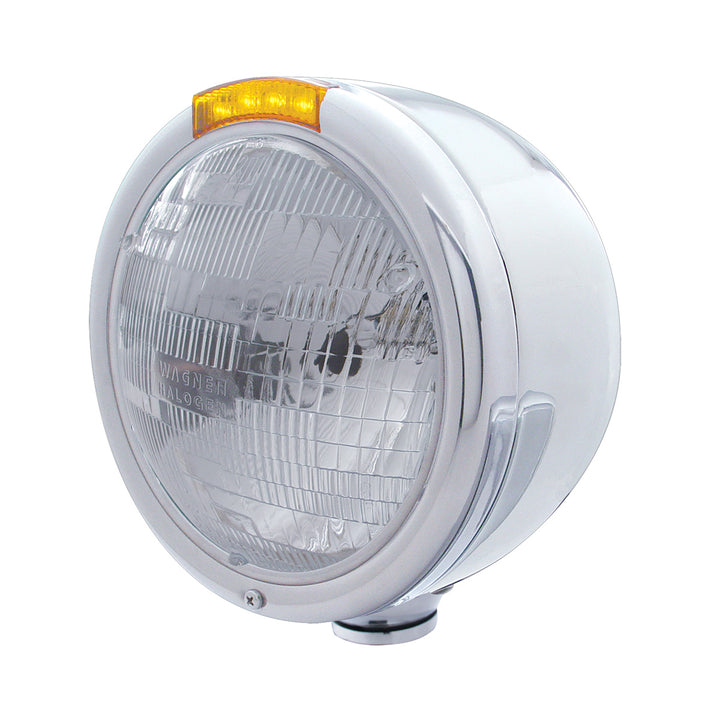 Stainless Steel Classic Half Moon Headlight H6024 Bulb &amp; LED Turn Signal - Amber Lens