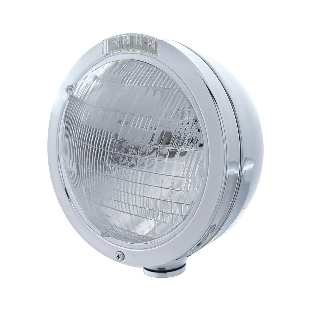 Stainless Steel Bullet Classic Headlight 6014 Bulb &amp; LED Turn Signal - Clear Lens