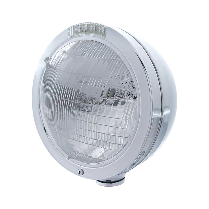 Stainless Steel Bullet Classic Headlight 6014 Bulb &amp; LED Turn Signal - Clear Lens