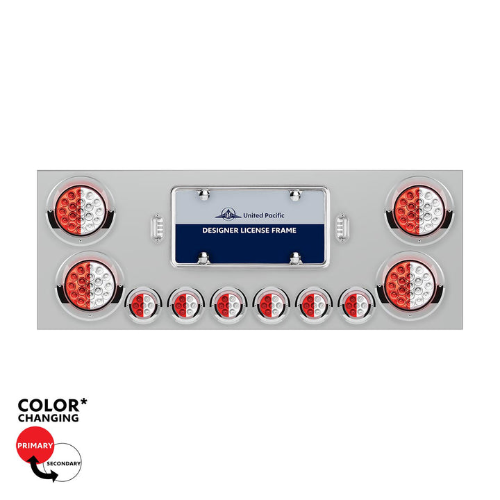 Stainless Steel Rear Center Panel With 4 x 19 LED 4" &amp; 6 x 7 LED 2" Double Fury Lights &amp; Visors - Red &amp; White LED