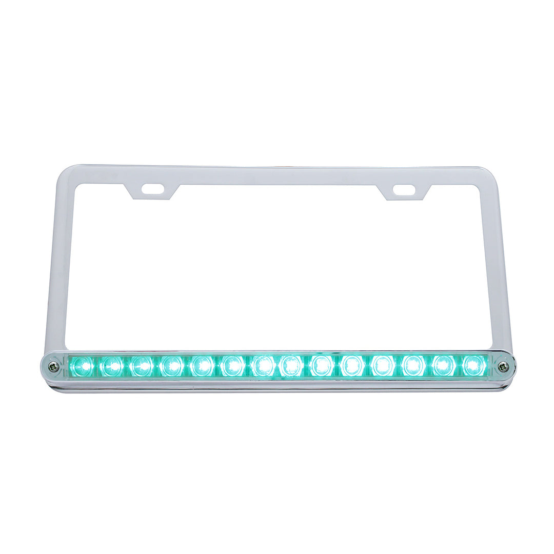 Chrome License Plate Frame With 14 LED 12" Light Bar - Amber LED/Clear Lens