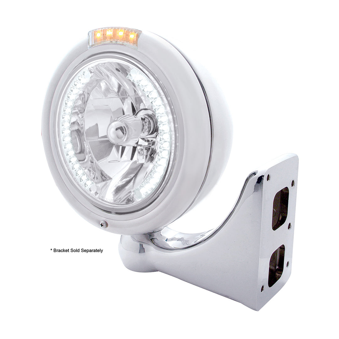 Stainless Steel Classic Headlight H4 With 34 White LED &amp; Signal - Clear Lens