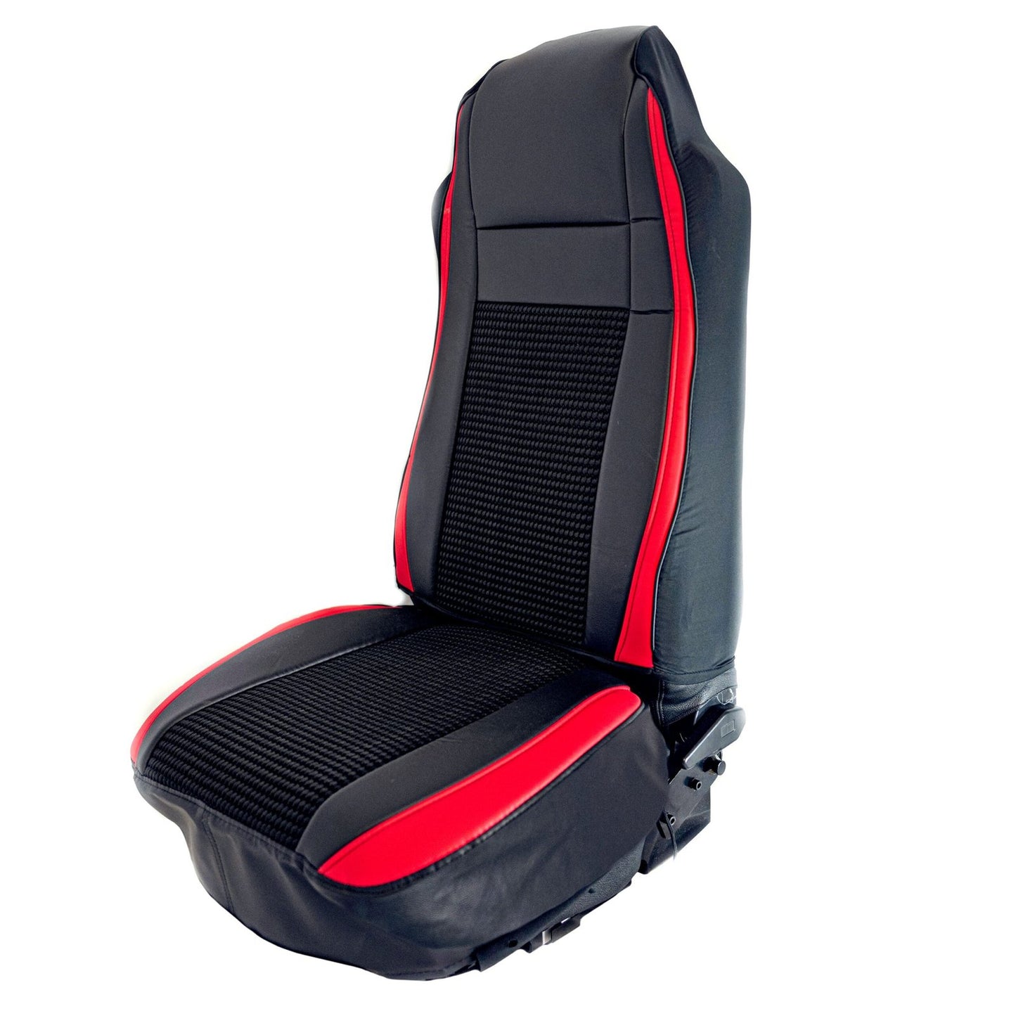 UNIVERSAL SEAT COVER W/ PLEATED FABRIC & LEATHERETTE TRIM - RED