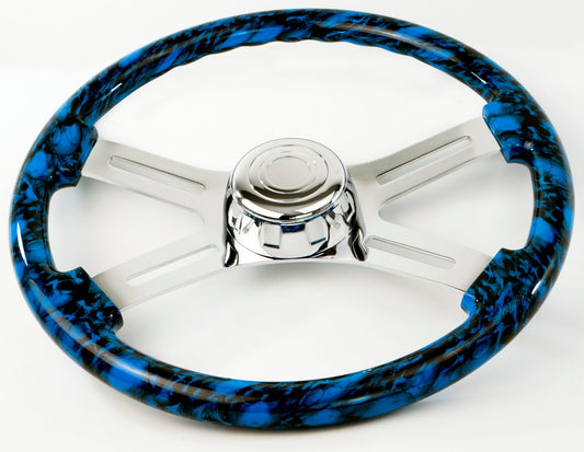 18'' SKULL DESIGN BLUE WOOD STEERING WHEEL WITH 4 CHROME SPOKES