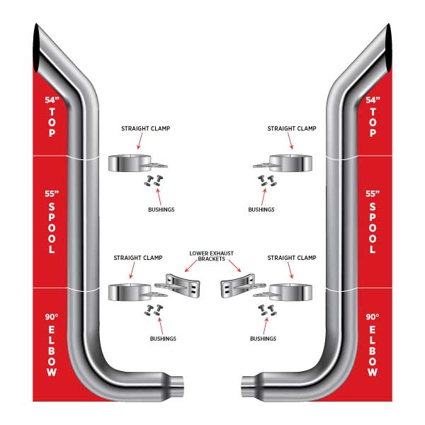 TRUX 54" Bullhorn Top Stacks, 55" Spools, 90° 6"-5" Elbows, Clamps, Lower Brackets & Bushings