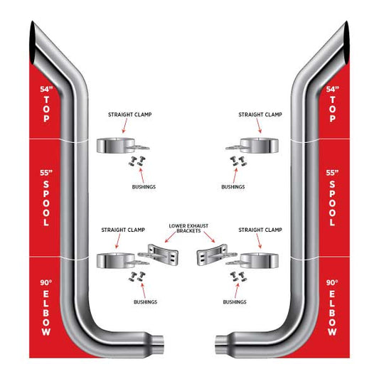 TRUX 54" Bullhorn Top Stacks, 55" Spools, 90° 6"-5" Elbows, Clamps, Lower Brackets & Bushings