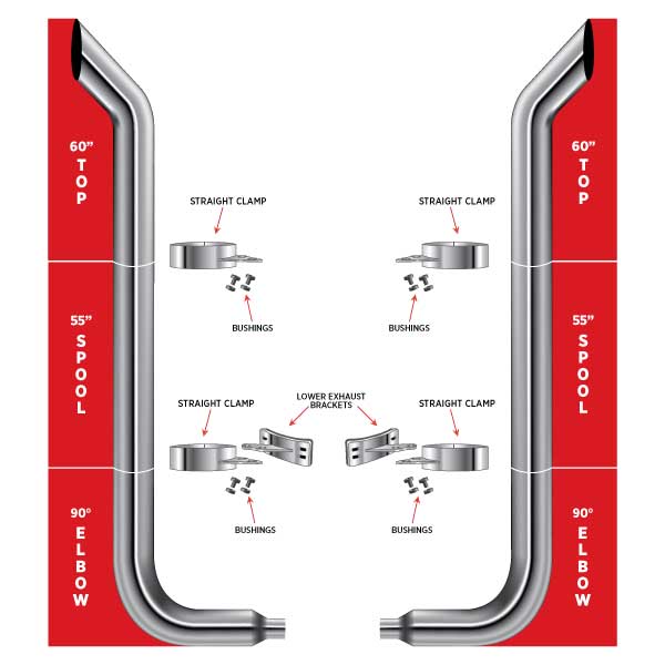 TRUX 60" Bullhorn Top Stacks, 55" Spools, 90° 6"-5" Elbows, Clamps, Lower Brackets & Bushings