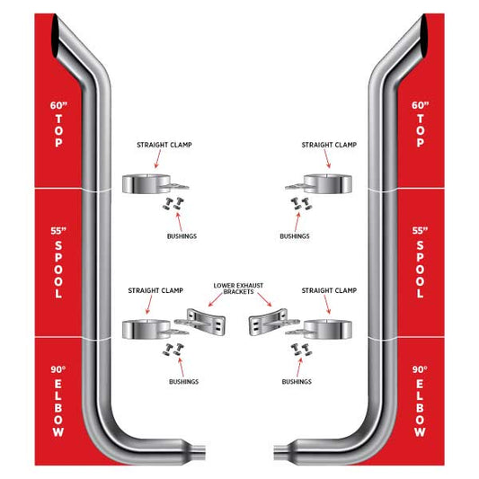 TRUX 60" Bullhorn Top Stacks, 55" Spools, 90° 6"-5" Elbows, Clamps, Lower Brackets & Bushings