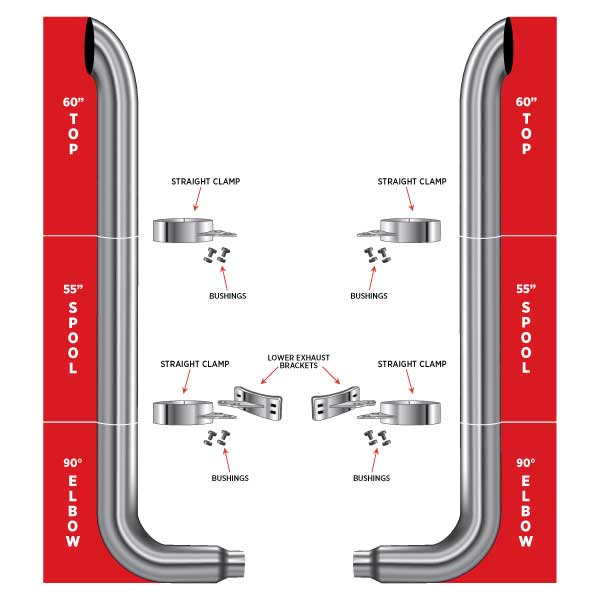 TRUX 60" Curved Top Stacks, 55" Spools, 90° 6"-5" Elbows, Clamps, Lower Brackets & Bushings