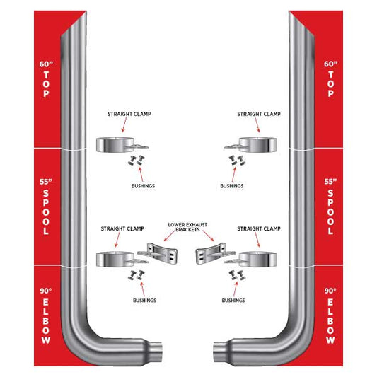 TRUX 60" Mitered Top Stacks, 55" Spools, 90° 6"-5" Elbows, Clamps, Lower Brackets & Bushings