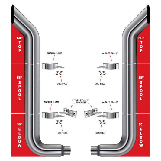 TRUX 60" Bullhorn Top Stacks, 55" Spools, 90° 7"-5" Elbows, Clamps, Lower Brackets & Bushings