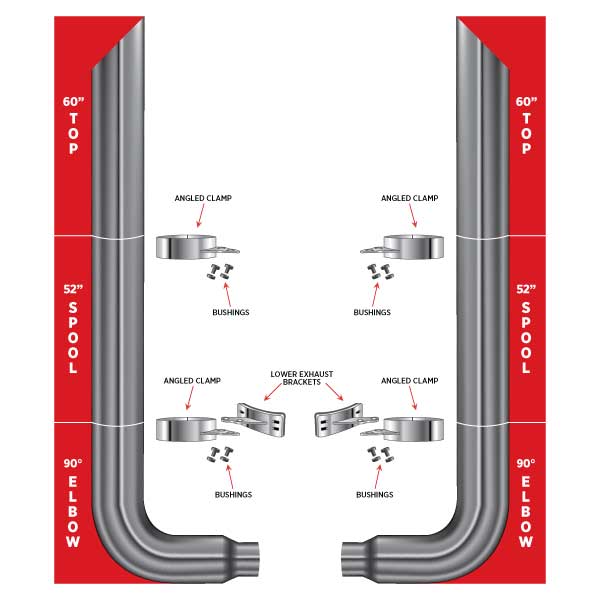 TRUX 60" Mitered Top Stacks, 52" Spools, 90° 7"-5" Elbows, Clamps, Lower Brackets & Bushings